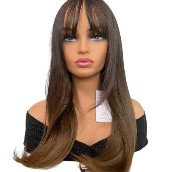 Brown To Dark Blonde hair Wig with Bangs 20” - Picture 2 of 11